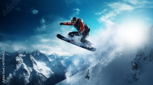 Active, extreme snowboarder jumping at speed at a ski resort, during vacation and winter holidays.