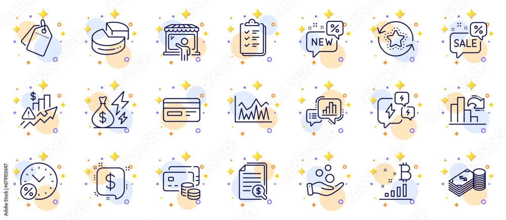 Outline set of Decreasing graph, Electricity price and Graph chart line icons for web app. Include Payment message, Savings, Donation money pictogram icons. Credit card, Stress. Vector Outline set of Decreasing graph, Electricity price and Graph chart line icons for web app. Include Payment message, Savings, Donation money pictogram icons. Credit card, Stress. Vector