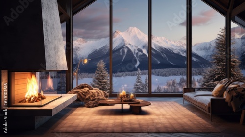 Cozy living room with panoramic window, fireplace with fire and view of winter mountains and forest at a ski resort and luxury hotel, during vacation and winter holidays. © ALA