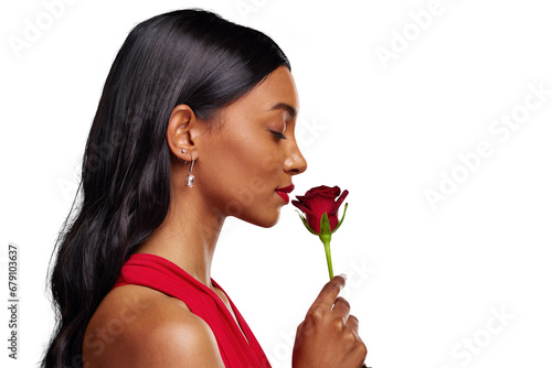 Face, woman and smelling a red rose for valentines day isolated on a transparent PNG background. Fragrance, model and profile of Indian female person with a flower in hand for romance, scent or love