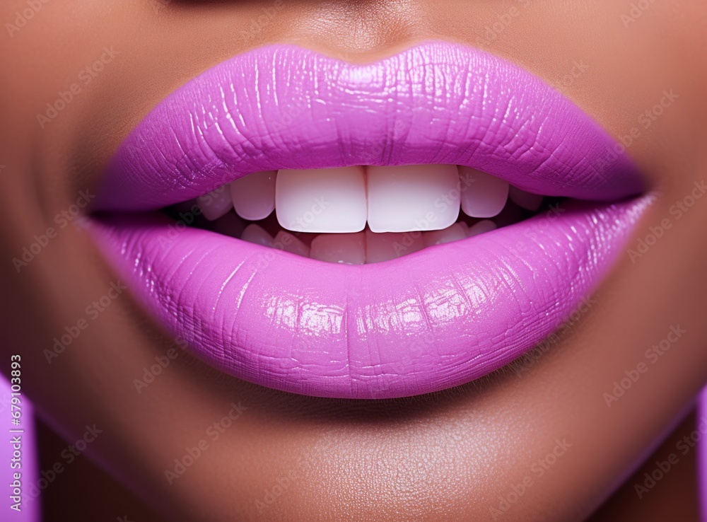 Obraz premium Vibrant Purple Lips With a Captivating Glow. A close up of a woman's lips with bright purple lipstick