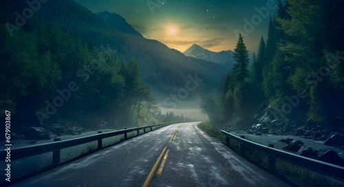 Spooky Night Forest and Road Panorama At Blue Moon Light, creepy foggy lanscape