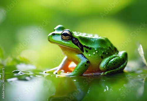 AI generated illustration of a small green frog perched on a lily pad in a pond