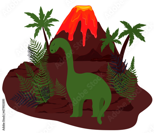 Dinosaurs on the valley. A volcano in the Jurassic period. Vector illustration. isolated. Fern. 
