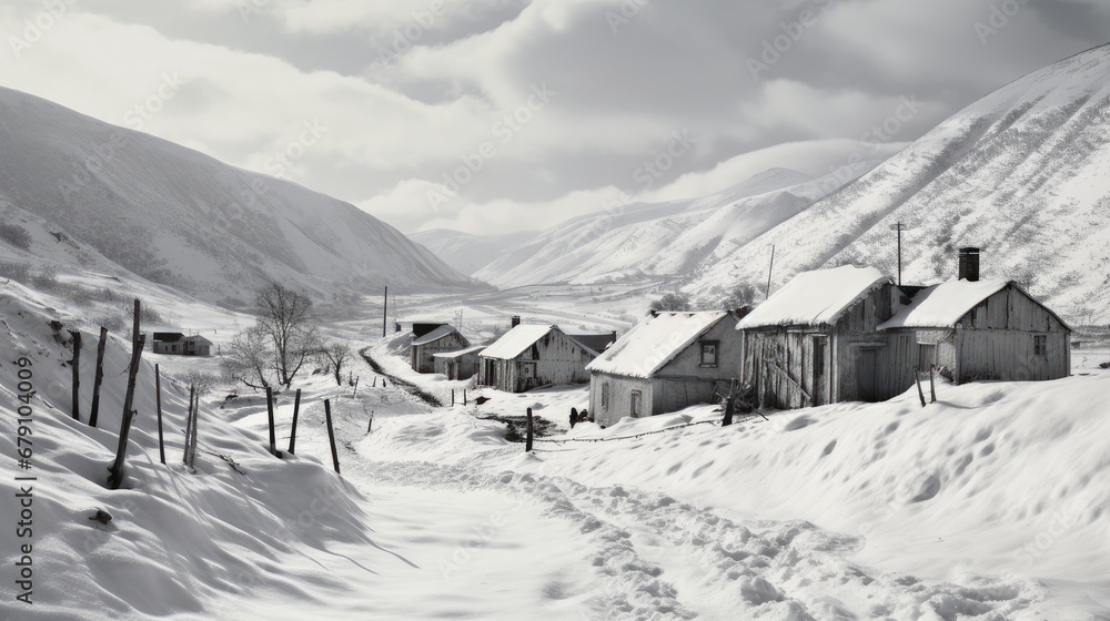 A small cozy, homely house in a village in the distance surrounded by a snow-covered landscape of beautiful nature in the middle of winter, black and white photo. A small cozy, homely house in a village in the distance surrounded by a snow-covered landscape of beautiful nature in the middle of winter, black and white photo.