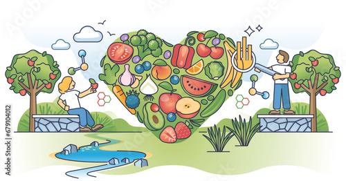 Vegetables and fruits in shape of heart as healthy diet outline concept. Cardiovascular health eating habits with fresh, organic and wholesome choice vector illustration. Variety of bio products.