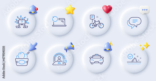Recovery laptop, Lgbt and Skin care line icons. Buttons with 3d bell, chat speech, cursor. Pack of Text message, Ice cream, Taxi icon. Bike, Teamwork question pictogram. For web app, printing. Vector