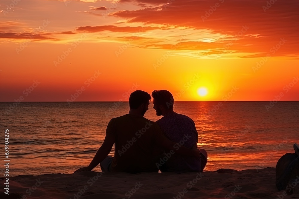 Loving gay couple sitting together on the beach during sunset. Summer vacation together. Love, ocean, male couple walking in nature. Romantic moment of a loving couple.