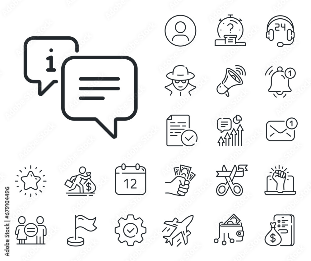 Info speech bubble sign. Salaryman, gender equality and alert bell outline icons. Information line icon. Help inform symbol. Info line sign. Spy or profile placeholder icon. Vector Info speech bubble sign. Salaryman, gender equality and alert bell outline icons. Information line icon. Help inform symbol. Info line sign. Spy or profile placeholder icon. Vector
