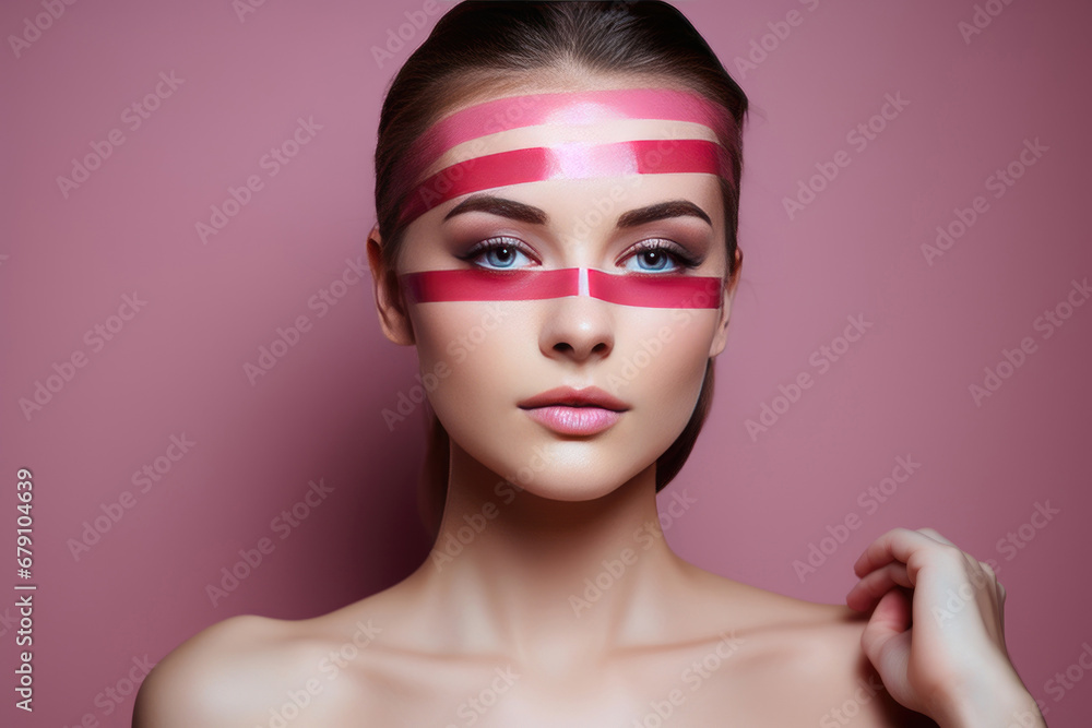 girl with lifting tape on her face. Kinesio taping girl with lifting tape on her face. Kinesio taping