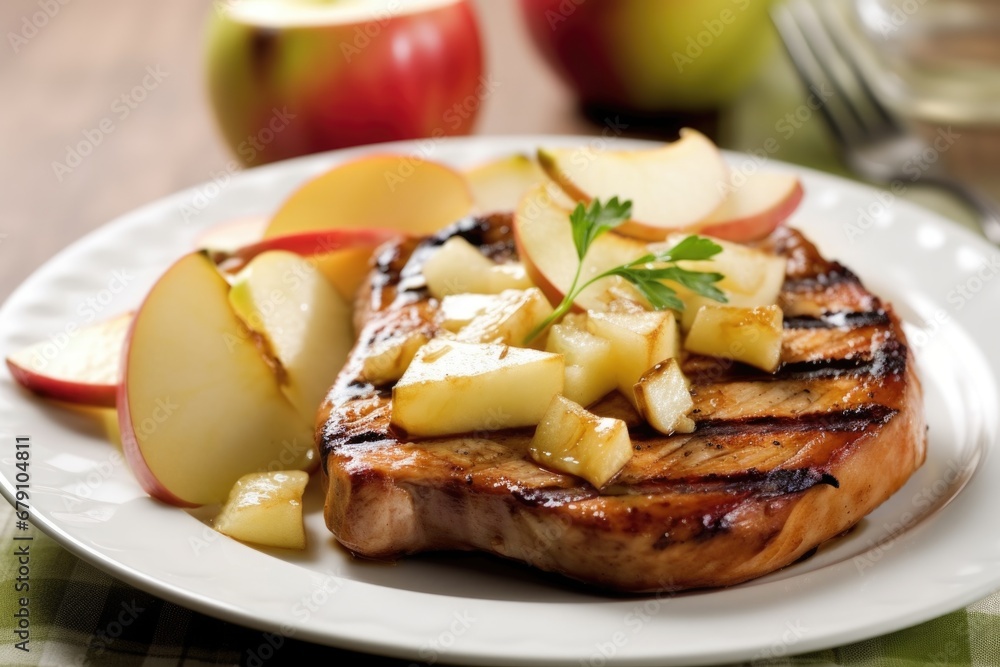 grilled pork chop with glazed apple slices on top