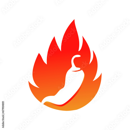 Chili pepper in fire vector illustration. Hot and spicy food symbol. Circle shape emblem, label, logo design template on white background