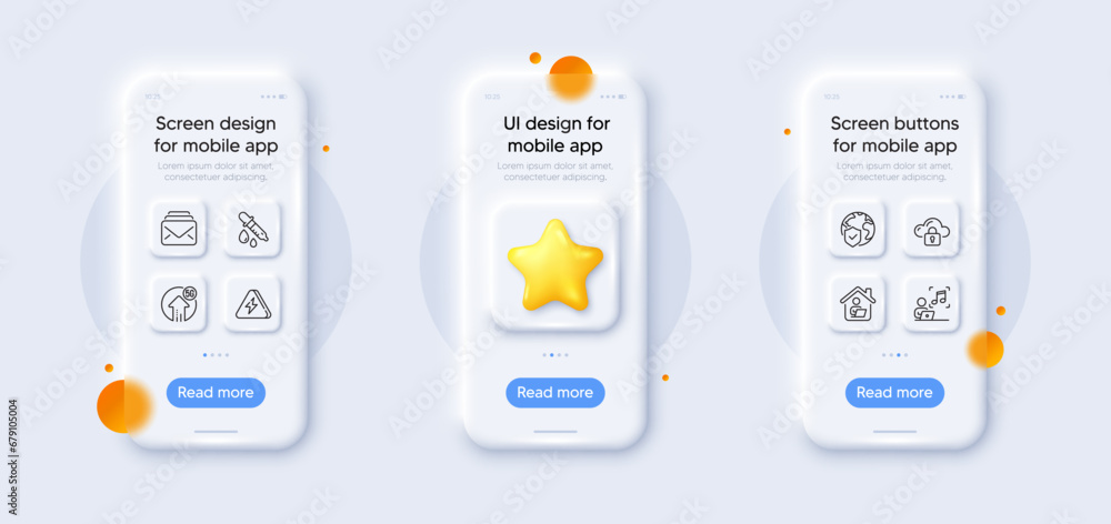 Cloud protection, Chemistry pipette and Mail line icons pack. 3d phone mockups with star. Glass smartphone screen. 5g upload, Lightning bolt, Work home web icon. Vector Cloud protection, Chemistry pipette and Mail line icons pack. 3d phone mockups with star. Glass smartphone screen. 5g upload, Lightning bolt, Work home web icon. Vector