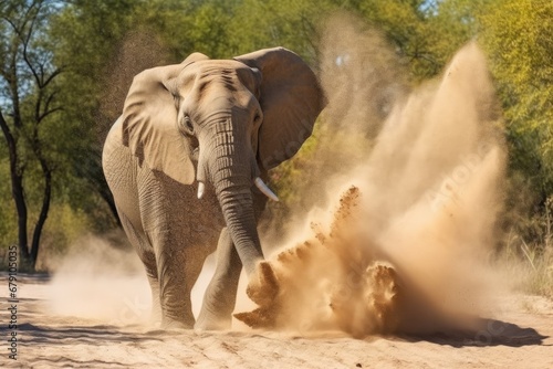 an elephant using its trunk to throw dust onto its back