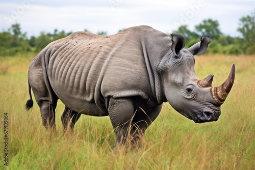 a rhinoceros grazing freely in an open field