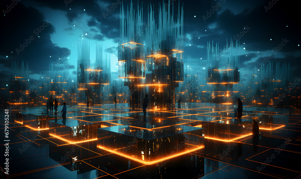 Futuristic city with glowing lights and people silhouettes, 3d rendering.