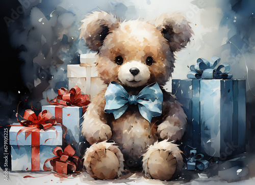 Digital painting of a teddy bear with gift boxes on a dark background. © Vitalii