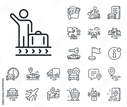 Suitcase bag sign. Plane, supply chain and place location outline icons. Luggage belt line icon. Baggage claim symbol. Luggage belt line sign. Taxi transport, rent a bike icon. Travel map. Vector