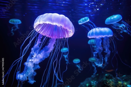 jellyfish illuminated by lights in an aquarium tank