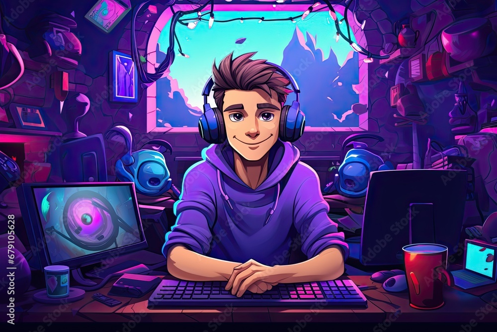 enthusiast cartoon streamer man, illustration enthusiast cartoon streamer man, illustration