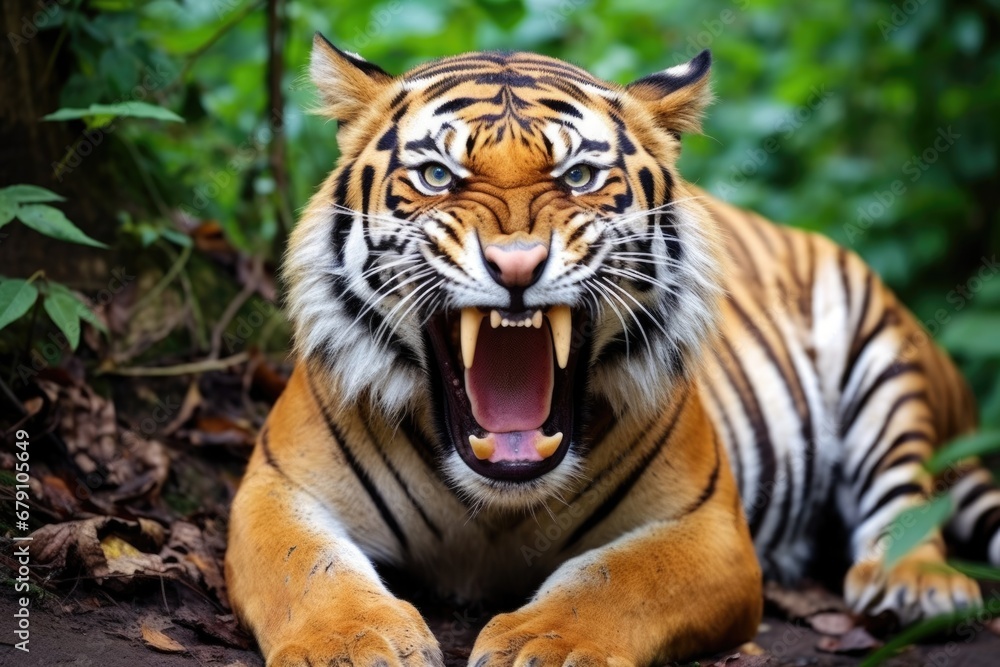 a tiger with a mouth wide open showing teeth