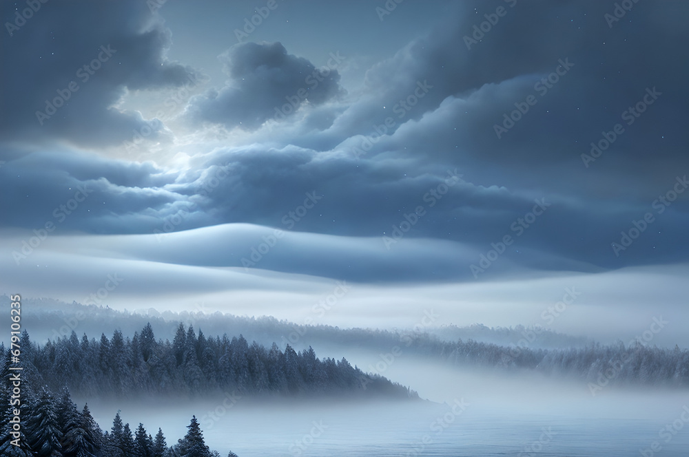 Atmospheric winter landscape, river and mountains, cold atmosphere of mountains and forests, Generative AI