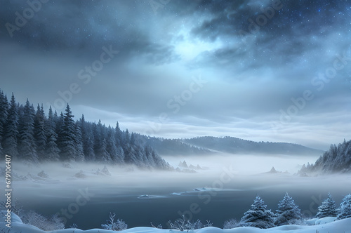 Atmospheric winter landscape, river and mountains, cold atmosphere of mountains and forests, Generative AI © LIUBOMYR