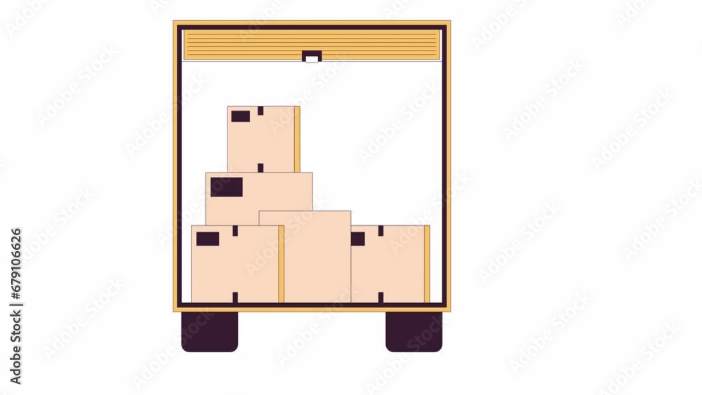 Moving truck back with parcels line 2D object animation. Moving van boxes flat color cartoon 4K video, alpha channel. Delivery. Relocation boxes inside vehicle trunk animated item on white background