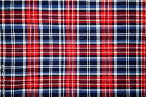 close-up of tightly woven navy blue, white and red tartan