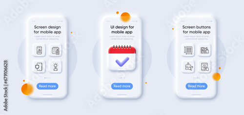 Scroll down, Phone protection and Smartphone statistics line icons pack. 3d phone mockups with calendar. Glass smartphone screen. Card, Search puzzle, Baggage calendar web icon. Vector