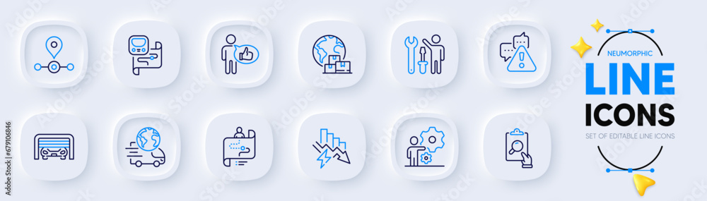 Warning, Repairman and Metro map line icons for web app. Pack of Saving electricity, Journey path, Parking garage pictogram icons. Delivery service, Station, International delivery signs. Vector Warning, Repairman and Metro map line icons for web app. Pack of Saving electricity, Journey path, Parking garage pictogram icons. Delivery service, Station, International delivery signs. Vector