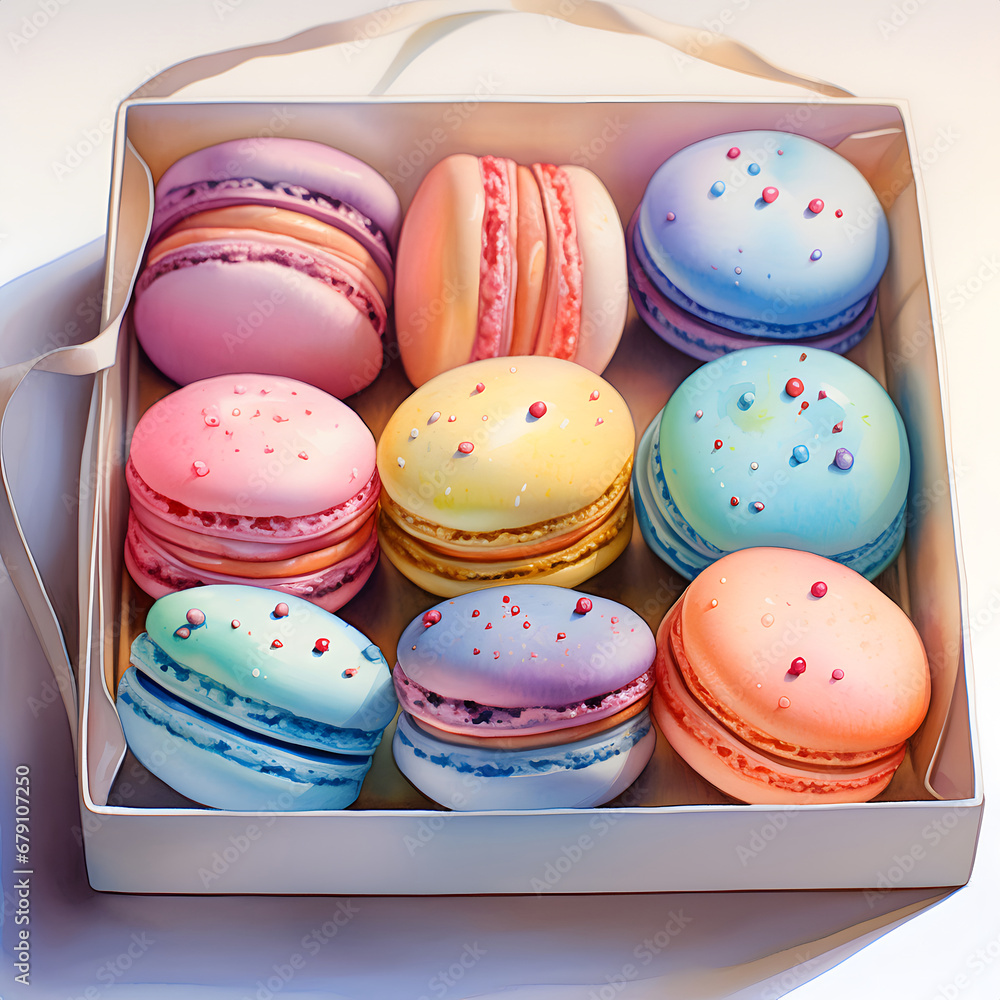 Fototapeta premium Various flavors of macarons watercolor in a box.