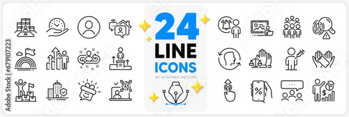 Icons set of Qr code, Photo studio and Lgbt line icons pack for app with Smile, Meeting, Smartphone holding thin outline icon. Apartment insurance, Discounts app, Work home pictogram. Vector