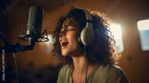 Singer Young Adult Recording vocals in Recording studio