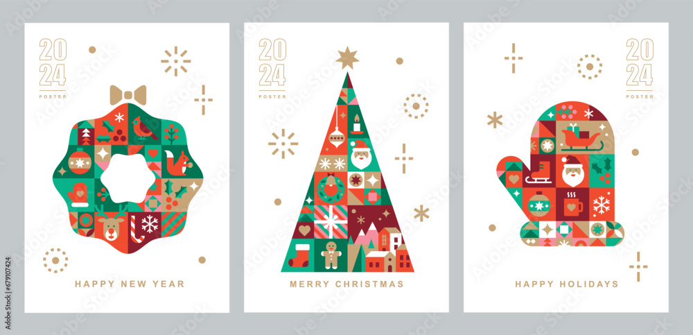 Set of poster templates with Christmas and New Year icons in abstract modern geometric flat bauhaus style. Winter holidays. Seasons greetings. Vector illustration for card, packaging and web banner.