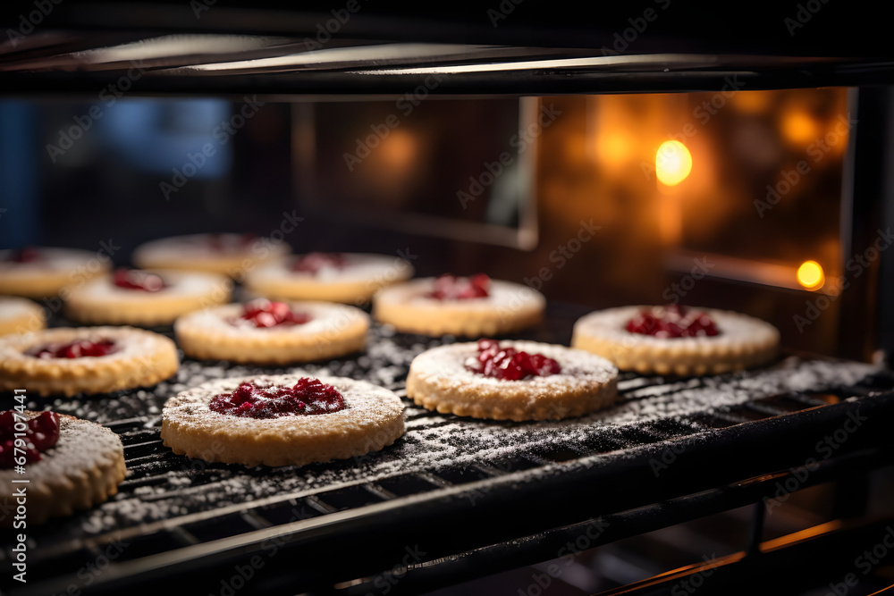 Baking Linzer cookie in the Oven, christmas season Baking Linzer cookie in the Oven, christmas season