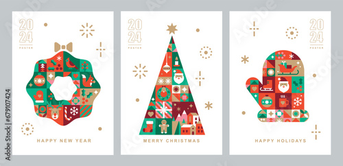 Set of poster templates with Christmas and New Year icons in abstract modern geometric flat bauhaus style. Winter holidays. Seasons greetings. Vector illustration for card, packaging and web banner.
