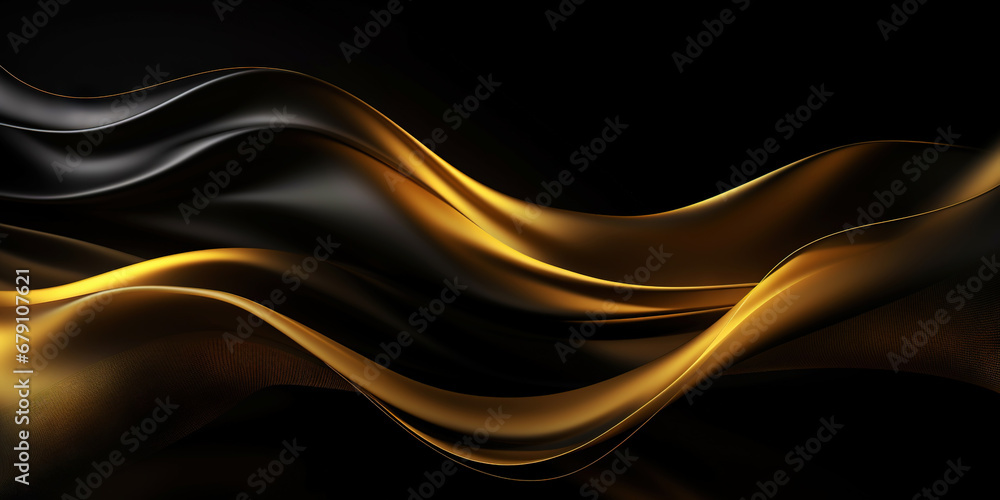 Abstract background with realistic golden and black wavy fluid shape. Interwined gold stripes. Generative AI Abstract background with realistic golden and black wavy fluid shape. Interwined gold stripes. Generative AI