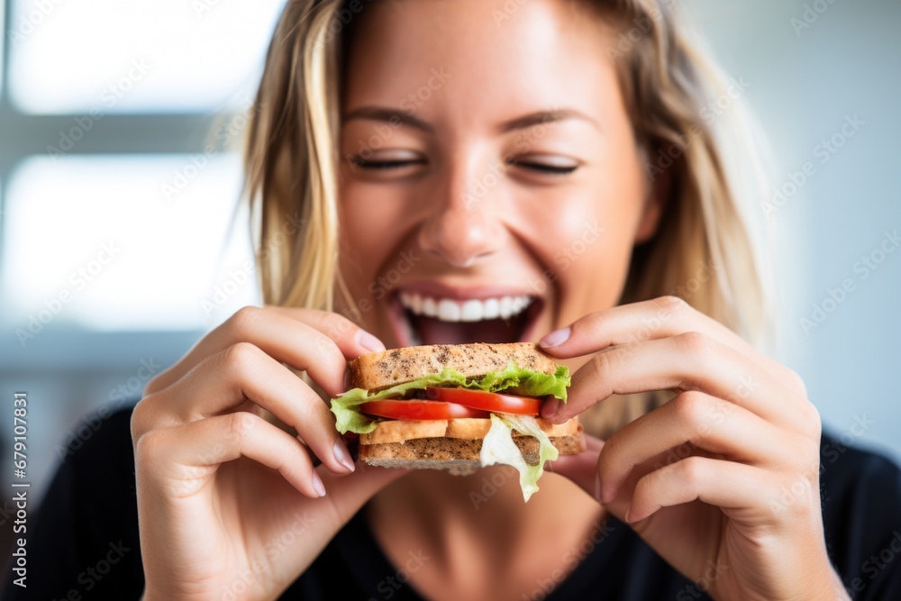 person relishing her bite of a delicious tuna sandwich