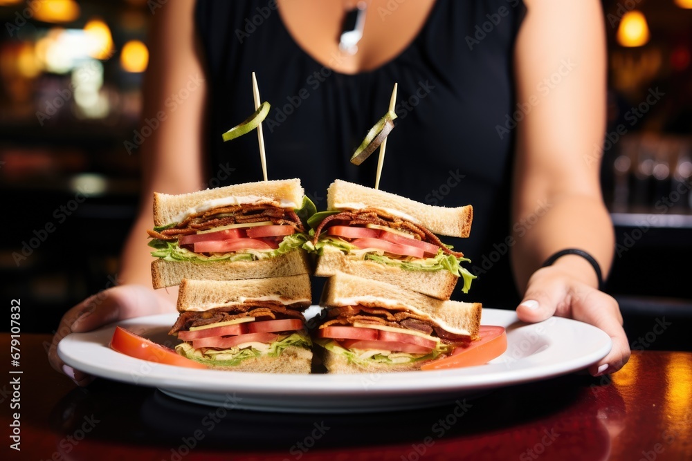 triple-decker sandwich being served by a waitress - obrazy, fototapety, plakaty 