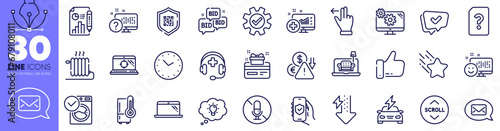Energy drops, Messenger and Car charging line icons pack. Seo laptop, Scroll down, Touchscreen gesture web icon. Report document, Medical analytics, Approved pictogram. Settings, Like. Vector