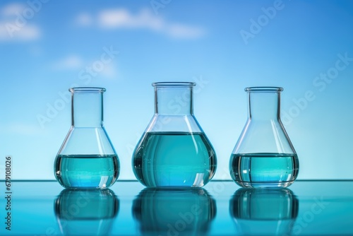 Laboratory equipment beakers and flask with backlight in different group. AI Generated