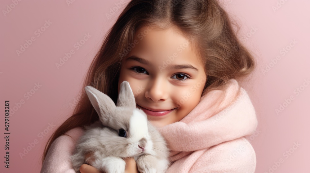 girl with a rabbit. holding a cute fluffy bunny. Friendship with the Easter Bunny. Spring photo.Close-up on a pink background