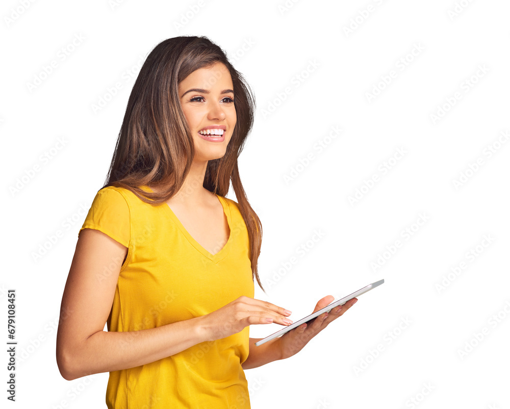 Woman, smile and thinking with tablet for social media post, ebook and update software isolated on transparent png background. Digital tech, download and subscription for blog, search web or news app