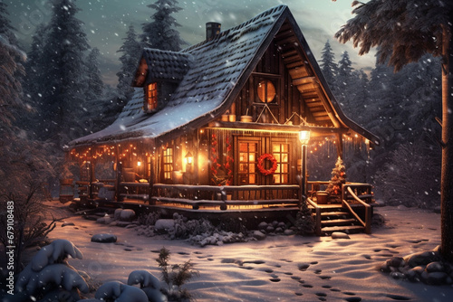 Winter Wonderland Cabin Adorned with Holiday Lights © artefacti