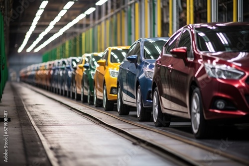 a line of freshly painted cars ready for quality check in a factory photo