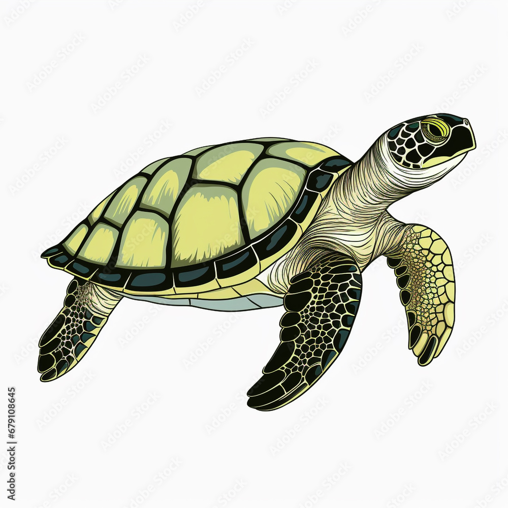 Fototapeta premium Sea Turtle cartoon natural colors, black outline ,on white background