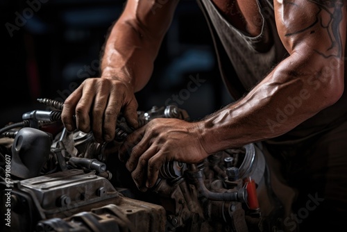 close-up shot of a mechanics hands fixing a car engine