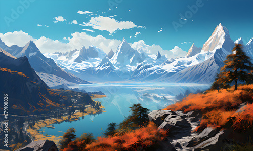 Patagonia scenery in Argentina and Chile South America in illustrations  presentation images  travel image ideas  tourism promotion  postcards  generative AI