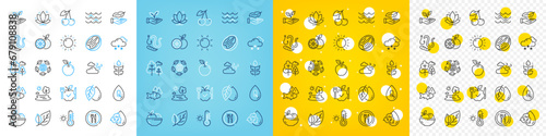 Vector icons set of Worms, Sun energy and Windy weather line icons pack for web with Waves, Pecan nut, Gluten free outline icon. Lake, Helping hand, Lightweight pictogram. Fruits, Cherry, Food. Vector
